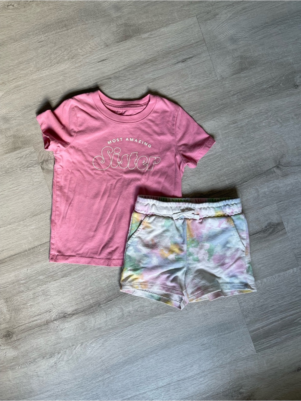 Cat & Jack Pink "Most Amazing Sister" Tee with Pastel Tie-Dye Shorts